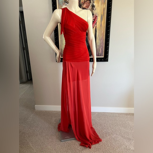 Herve Leger One-Shoulder Rose Gown in Coral Poppy Long Dress - Picture 3 of 10